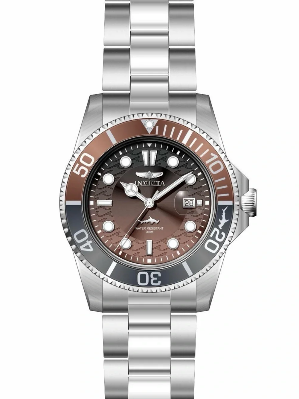 New Invicta Pro Diver Men's Watch 42mm Steel Tone Case Brown+Grey Metal Dial Ste